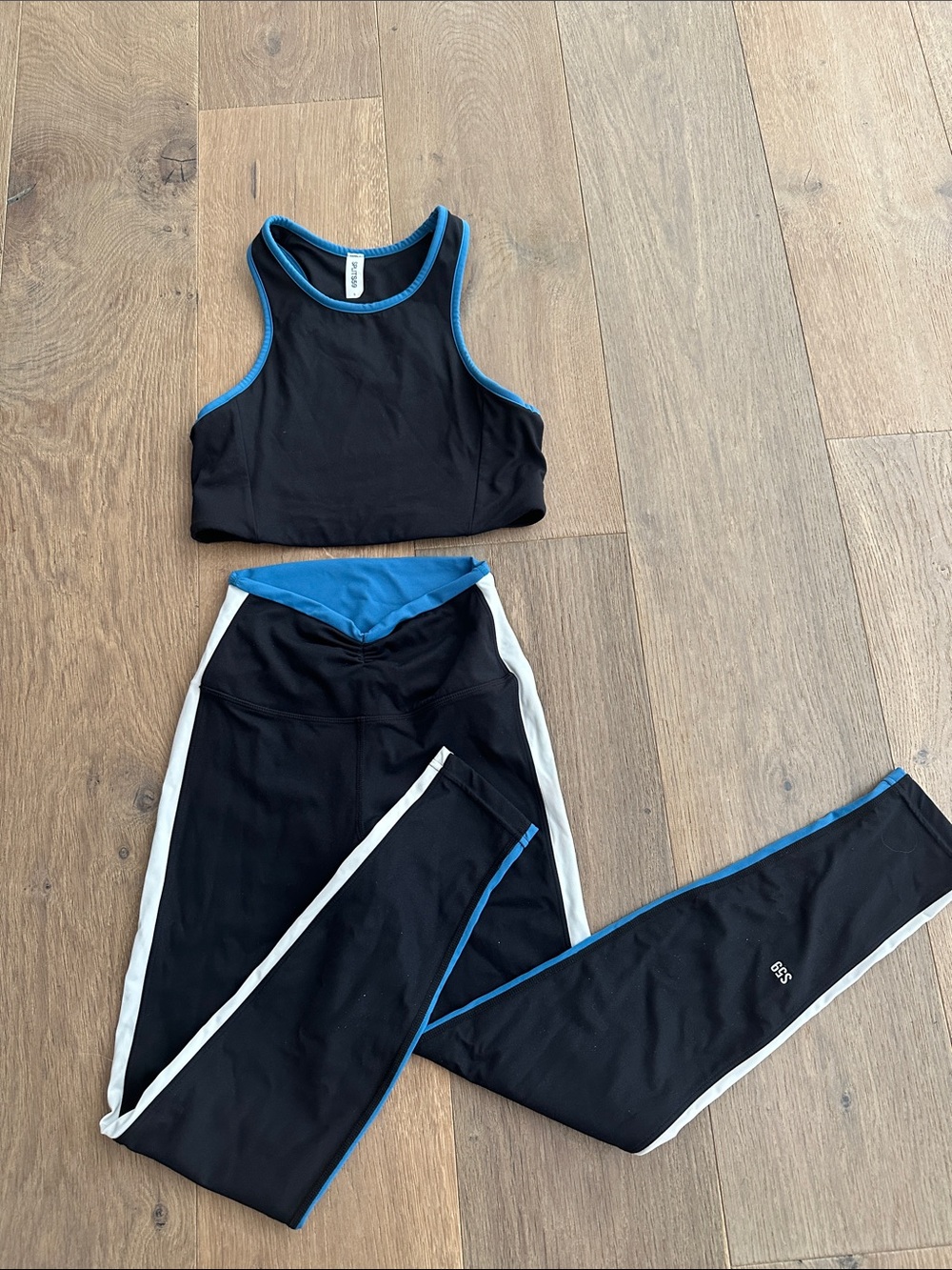 Splits59 Black Leggings and Crop Top Set with Blue and White Trim